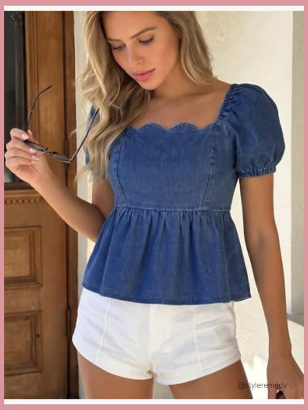 Square Neck Puff Sleeve Denim Top Blouse Button Down Shirt - Picture 3 of 7